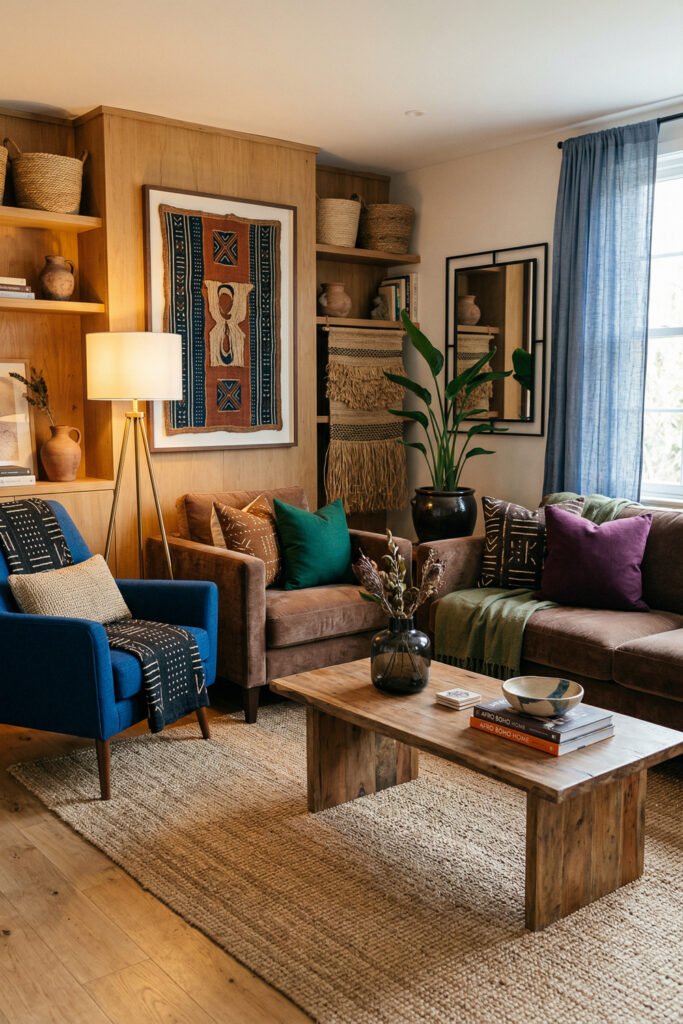 Wood-paneled living room with framed textile art, blue accent chair, brown seating, macrame, colorful pillows, and rustic wood table in Afro Boho Decor style.
