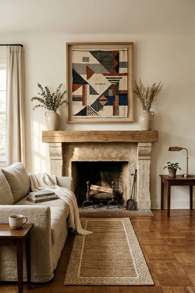 Stone fireplace with framed geometric textile art, beige sofa, wood mantel, vases, jute runner, and brass task lamp in a calm living room.
