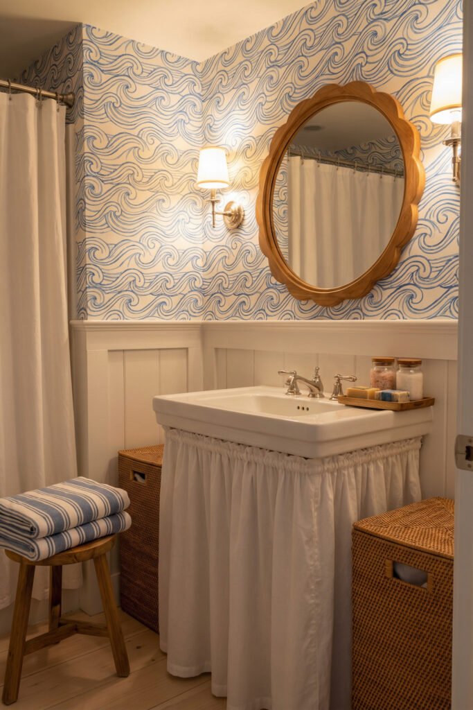 Beach Cottage Decor That Feels Fresh for Summer 17 Warm coastal bathroom with blue wave wallpaper, scalloped mirror, skirted sink, woven baskets, and striped towels in beach cottage decor.