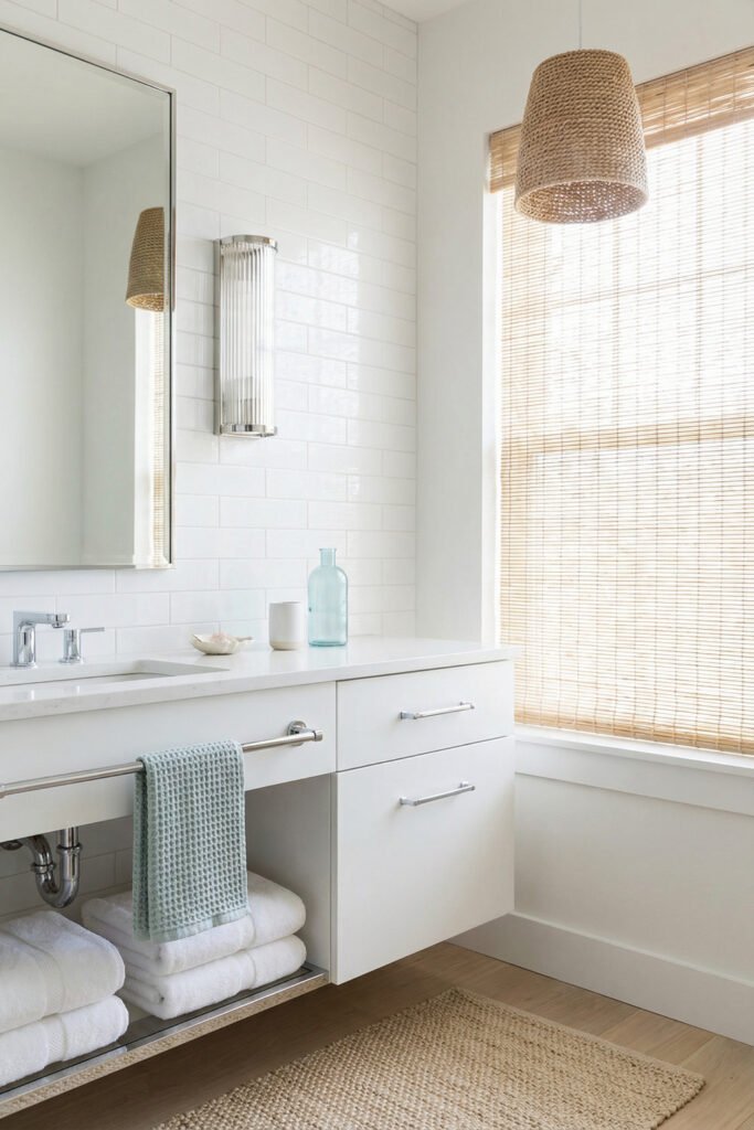 Coastal Summer Aesthetic Ideas for a Breezy Apartment 19 Bright white bathroom with woven shade, rope pendant, pale blue towel, and jute rug in a simple coastal summer aesthetic.