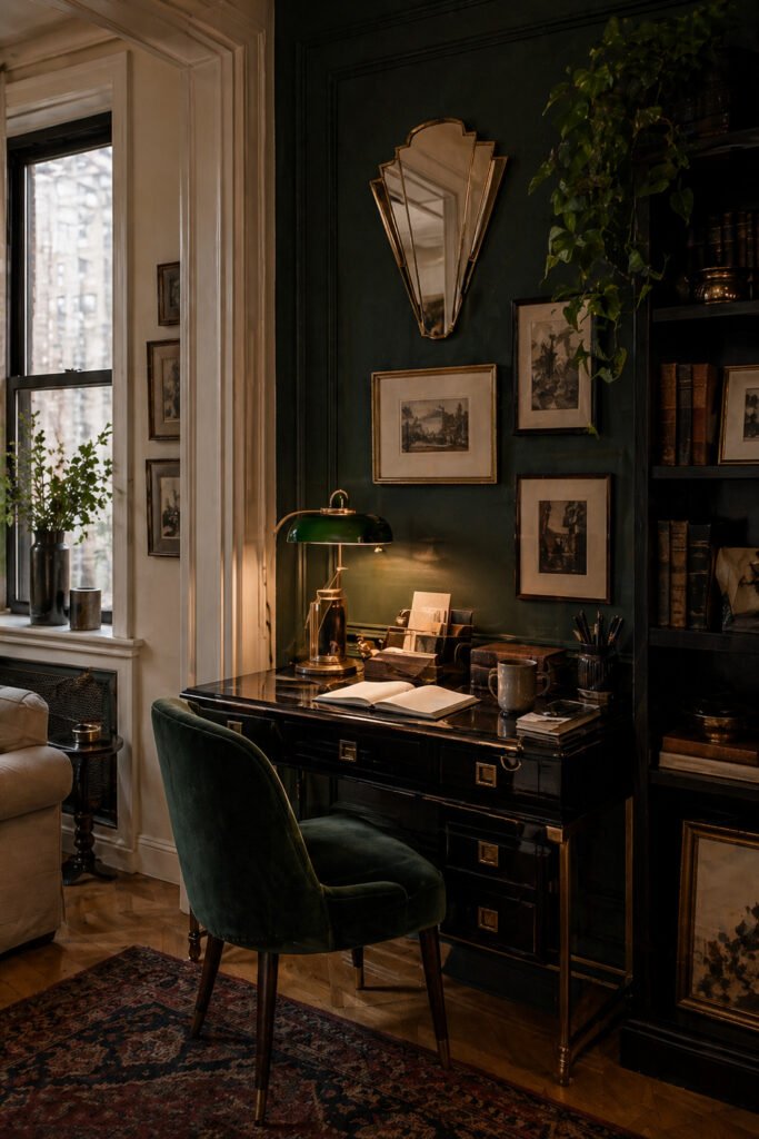 Moody home office with dark green wall, glossy black desk, velvet chair, art deco mirror, bookshelves, and decor ideas with personality
