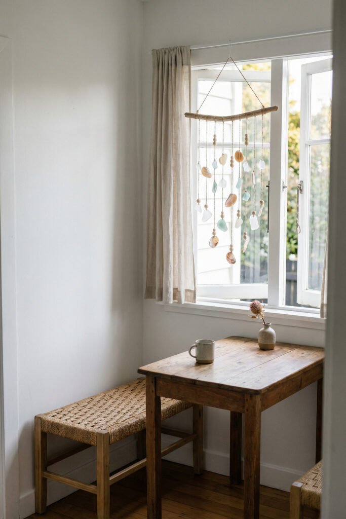 Diy Beach Decor That Feels Fresh for Summer 25 Simple driftwood mobile with shells and sea glass hanging in a bright breakfast nook, light and breezy DIY beach decor.