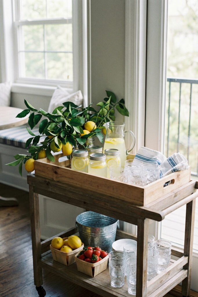 Wood beverage cart by a window with lemonade, lemons, strawberries, mason jars, glassware, and striped towels styled for farmhouse summer decor.
