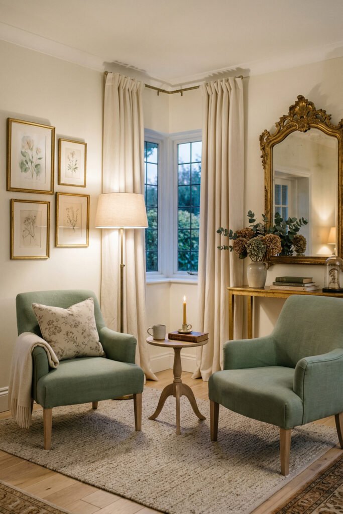 Green And Gold Room Ideas For A Stylish Living Room 25 Two pale green accent chairs with gold mirror, cream curtains, floral art, and warm layered neutrals in a cozy reading corner.