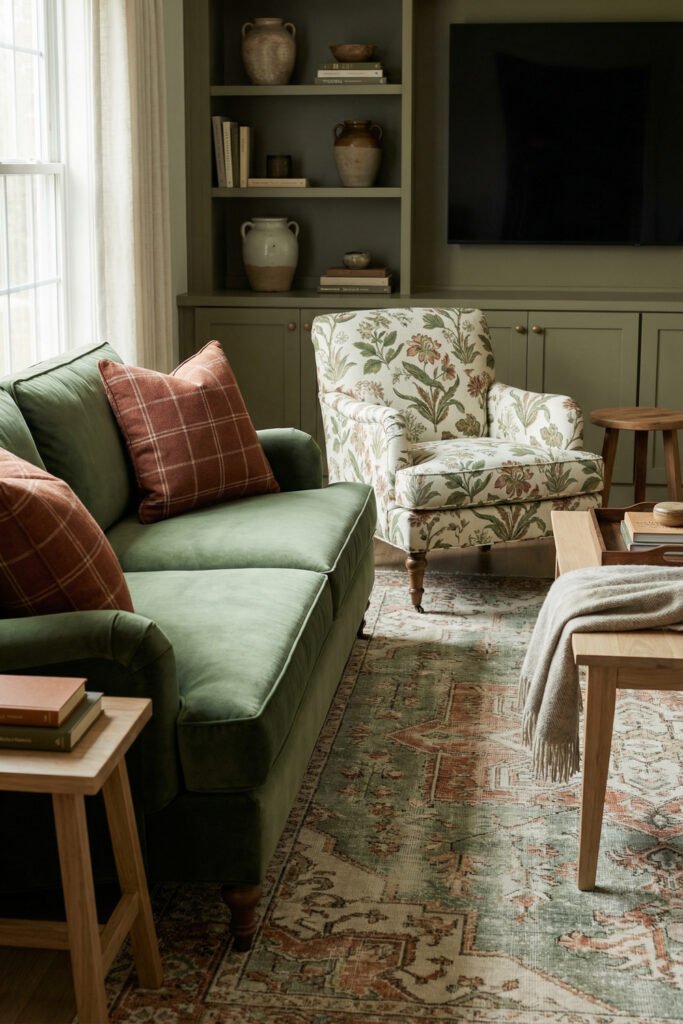 Traditional Green And Rust Living Room close-up with a green sofa, plaid rust pillows, floral armchair, olive built-ins, and a faded patterned rug.

