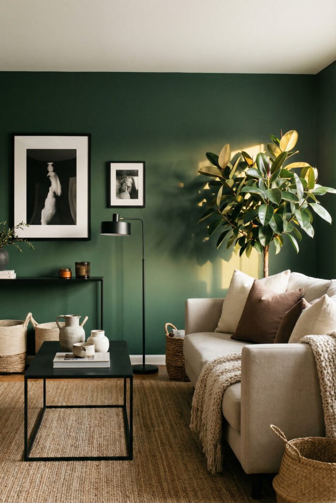 Green Boho Living Room Ideas With Relaxed Style 25 Green boho living room with deep green accent wall, cream sofa, black metal furniture, woven baskets, rubber plant, and warm late-afternoon light.