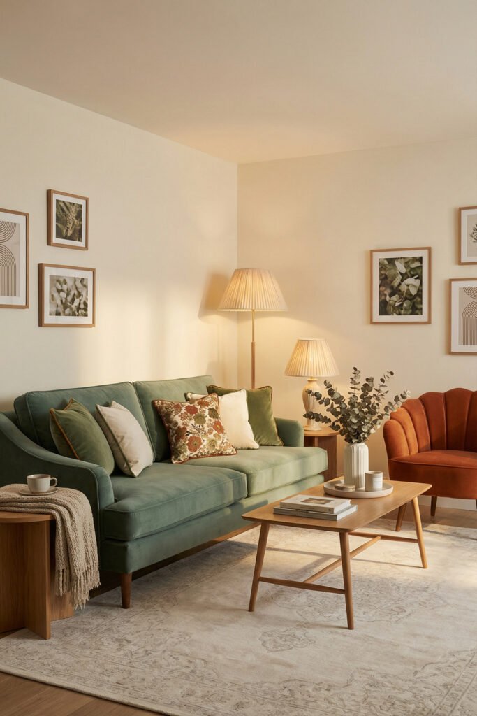 Green Burnt Orange Living Room Ideas With Rich, Easy Style 23 Muted green sofa, burnt orange chair, floral pillow, wood coffee table and soft lamps in a warm Green Burnt Orange Living Room