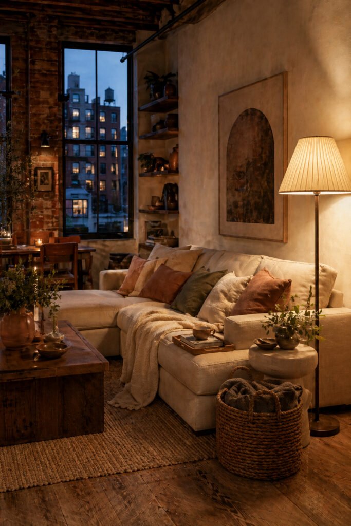 Loft living room with pleated floor lamp, sectional sofa, exposed brick, city windows, plants, and lighting ideas for cozy rooms.
