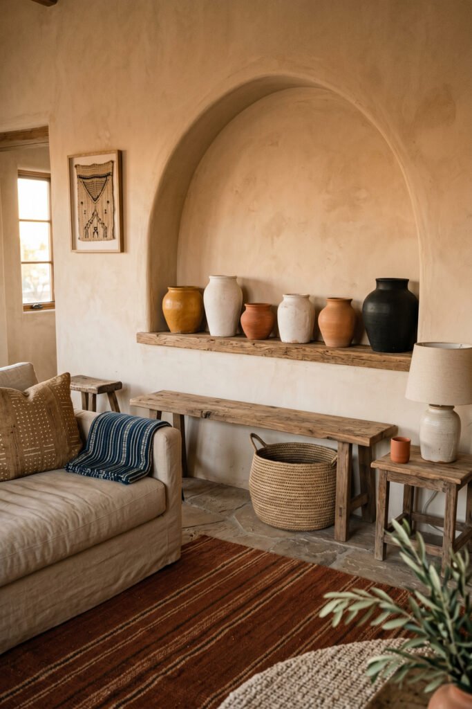 Warm plaster alcove with sculptural pottery, rustic wood bench, woven basket, linen sofa, and striped rug in a grounded Nubian Style interior.
