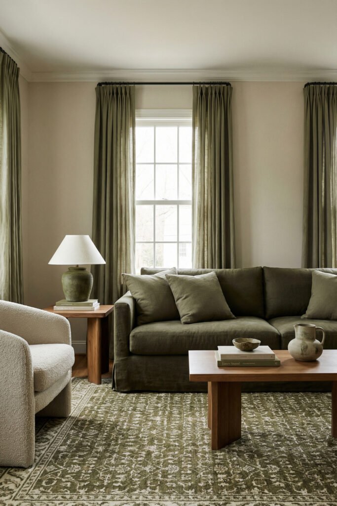 Olive Green Decor Ideas For A Layered Living Room 24 Olive drapes, olive sofa, wood coffee table, boucle chair, and patterned green rug in an elegant layered living room.