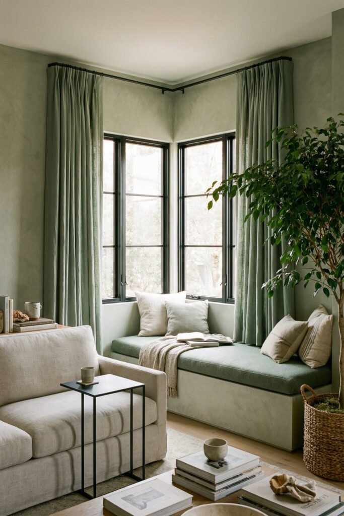 Sage Green And Black Living Room Ideas for a Layered Look 19 Cozy window-seat corner with sage walls, black-framed windows, soft drapes, cream sofa, woven basket, and layered cushions in a calm black-accented scheme.