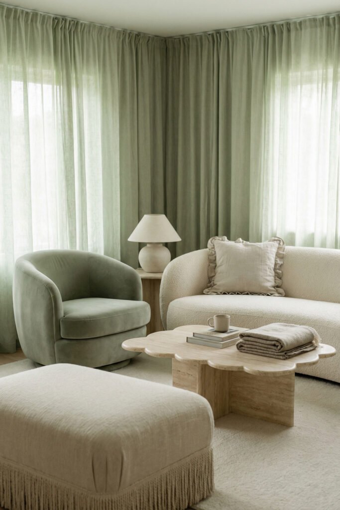 Sage Green Lounge Ideas for a Calm, Collected Living Room 25 Soft sage lounge with full linen drapery, cream curved sofa, pale green chair, fringed bench, and sculptural wood coffee table.