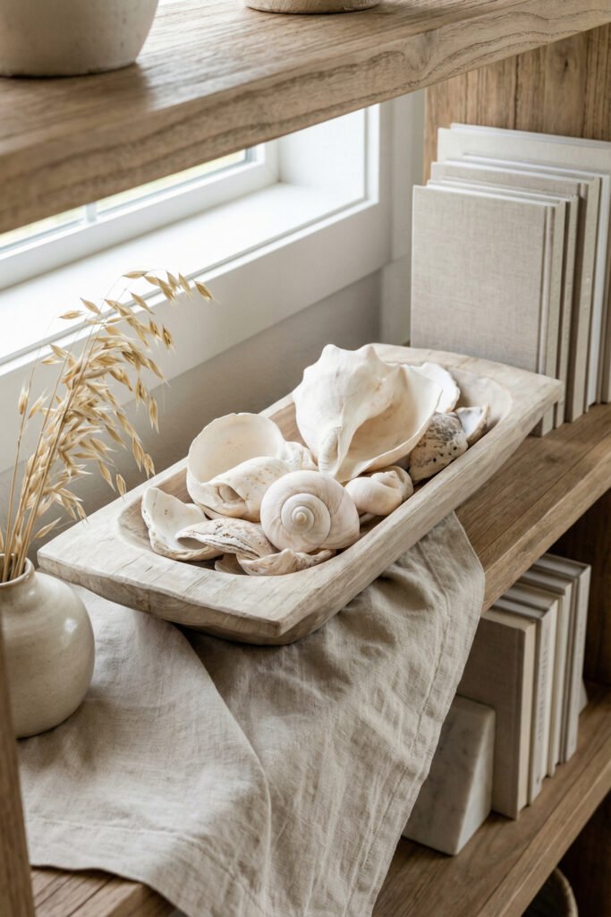 Pale wooden tray filled with white shells on a shelf by a window, layered over linen with books and a ceramic vase for a soft seashell display.
