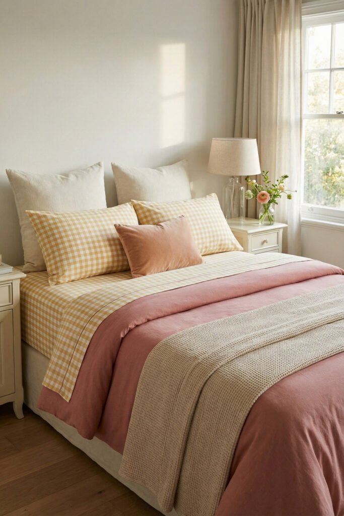 Spring Bedding Ideas for a Lighter, Fresher Bedroom 17 Sunny bedroom with blush bedding, yellow gingham pillows, and a knit throw for playful yet polished spring bedding inspiration.