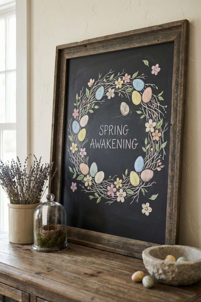 Spring Chalkboard Ideas That Feel Fresh and Easy to Style 16 Dark wood framed chalkboard with floral wreath, pastel eggs, and “Spring Awakening” leaning on a rustic mantel beside lavender and a glass cloche.
