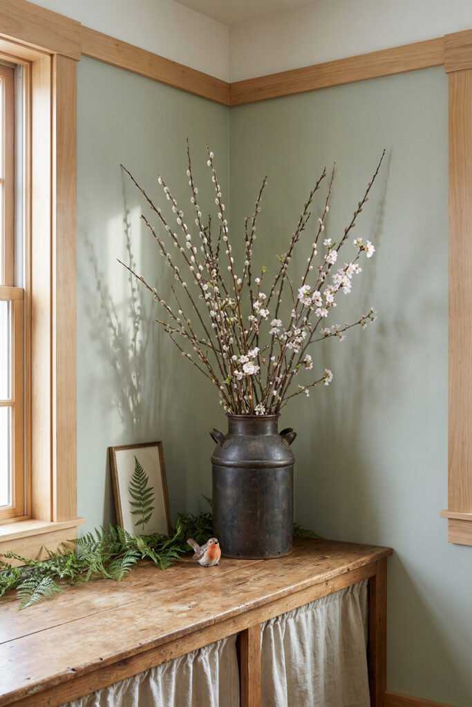Antique milk can filled with pussy willow and blossom branches on a rustic console with ferns, a bird figurine, and botanical art for spring kitchen décor
