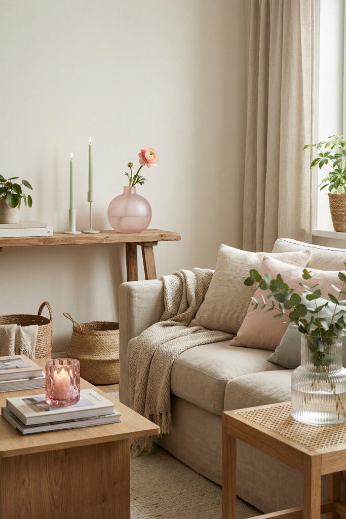 Beige sofa with blush and sage pillows, eucalyptus stems, woven baskets, pink glass candle, and light wood furniture in spring living room décor.
