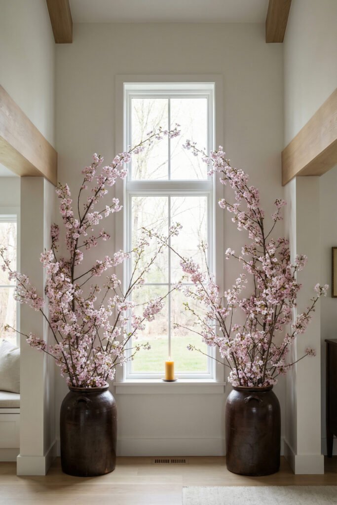 Spring Window Display Ideas For A Light-Filled Season 13 Grand entryway spring window display with oversized pink blossom branches in large urns flanking a tall window and candle.