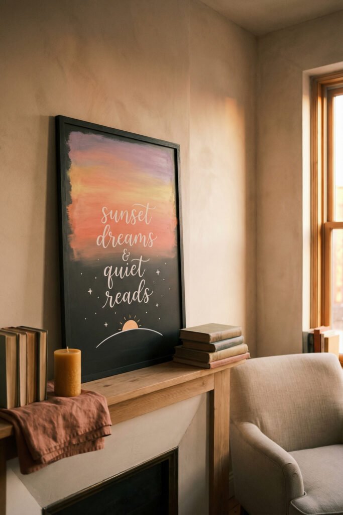 Summer Chalkboard Ideas That Brighten Every Corner 21 Tall chalkboard sign reading sunset dreams & quiet reads on a mantel with books and candle in a calm reading nook.