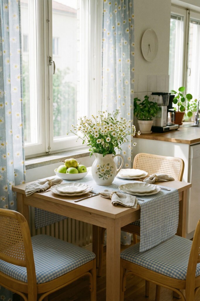 Summer Décor Ideas for an Airy, Collected Home 16 Small dining nook with blue gingham runner, daisy curtains, cane chairs, pears, and floral pitcher for cottage-inspired summer decor.