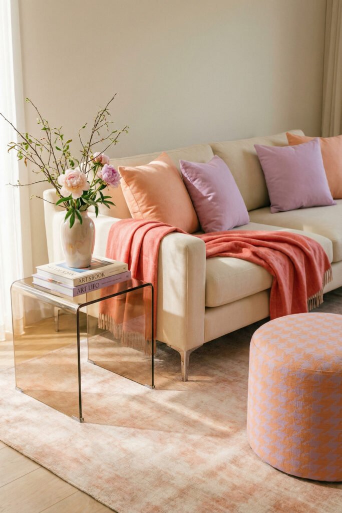 Close-up of a cream sofa with peach and lavender pillows, coral throw, acrylic side table, and pink ottoman in a soft summer palette.
