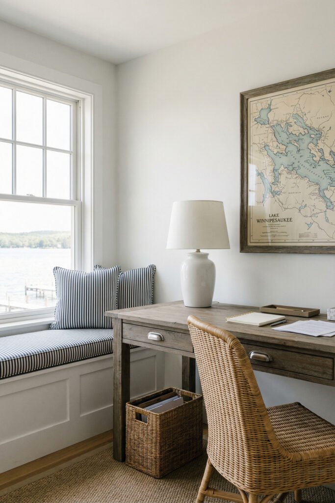 Wicker chair at weathered wood desk beside striped window seat and lake map art for airy coastal Summer Office Decor.
