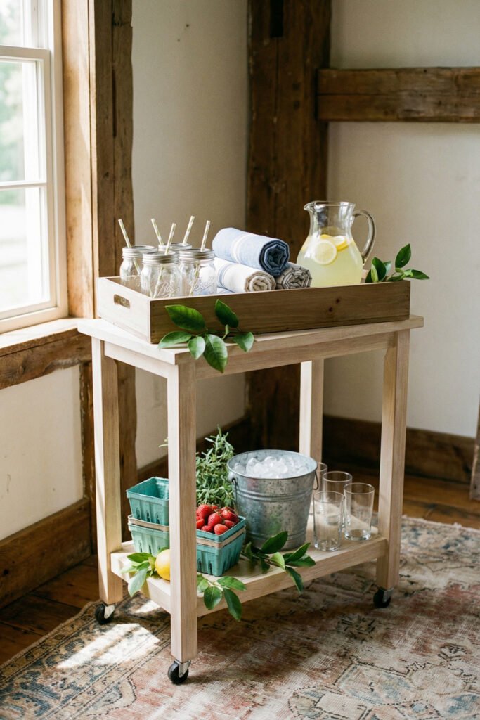 Light wood drink cart with lemonade, mason jars, striped linens, berries, lemons, and ice bucket in a rustic farmhouse summer decor setting.
