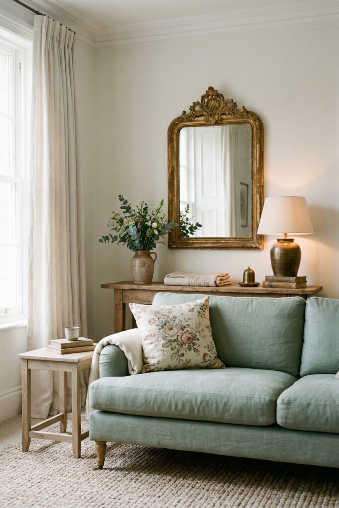 Green And Gold Room Ideas For A Stylish Living Room 26 Mint green sofa with vintage gold mirror, floral pillow, wood console table, and warm brass lamp in a serene living room.