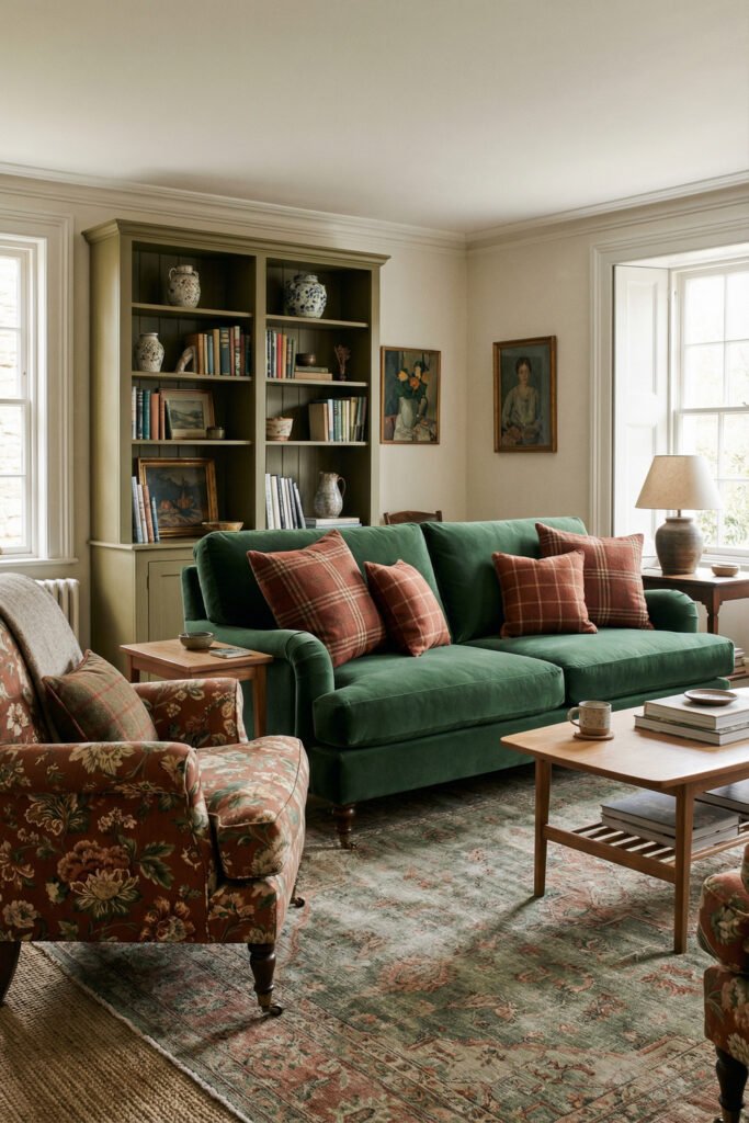 Collected Green And Rust Living Room with a velvet green sofa, plaid rust pillows, floral chairs, olive bookcase, wood table, and vintage rug.
