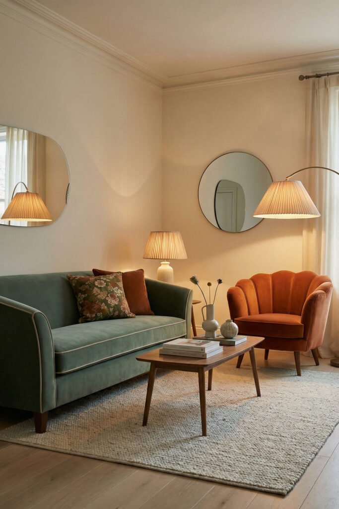 Green Burnt Orange Living Room Ideas With Rich, Easy Style 24 Sage green sofa with burnt orange shell chair, wood table, mirrors and pleated lamps in a refined Green Burnt Orange Living Room