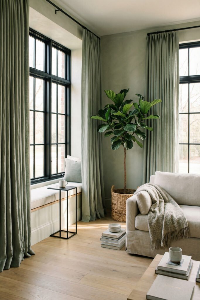 Sage Green And Black Living Room Ideas for a Layered Look 20 Sunlit sage living room corner with black windows, long drapes, cream sofa, woven basket planter, and a slim black side table for a layered look.