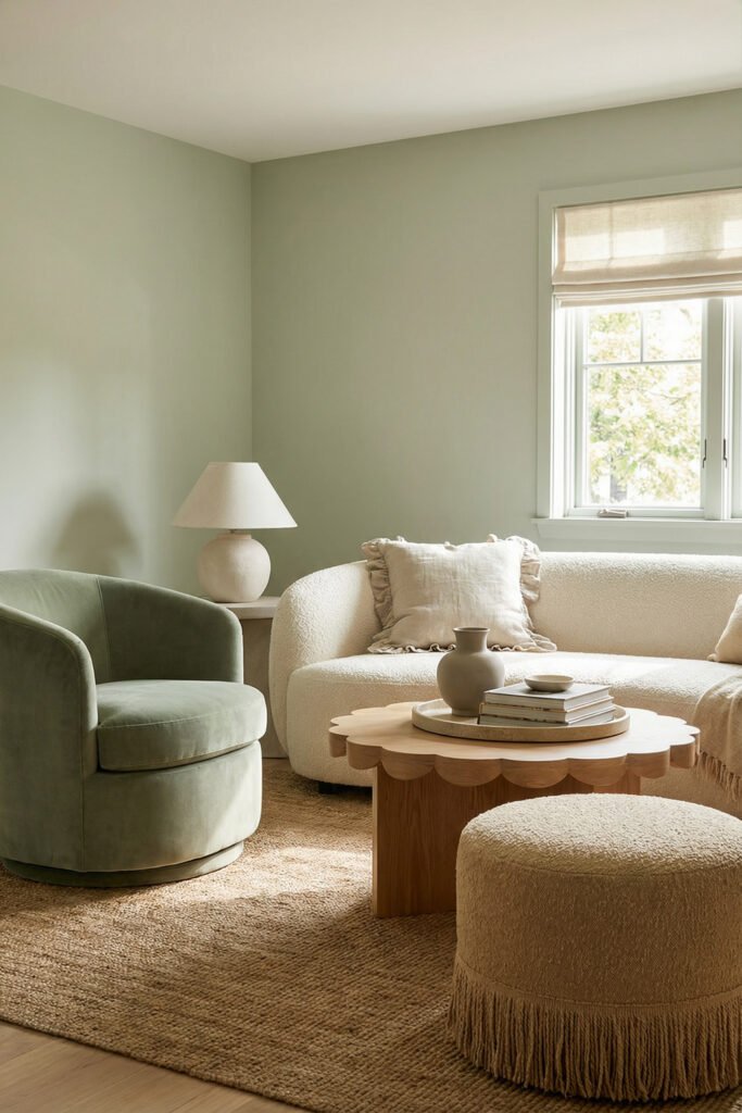 Sage Green Lounge Ideas for a Calm, Collected Living Room 26 Calm sitting room with pale sage walls, curved cream sofa, green swivel chair, fringe ottoman, and scalloped wood coffee table.
