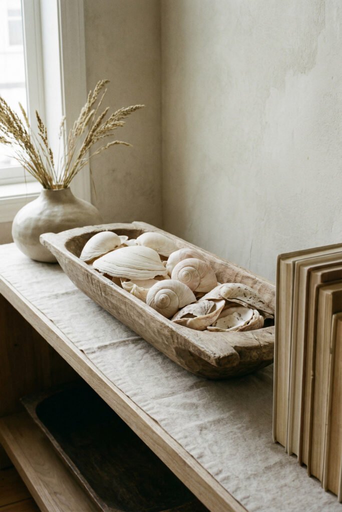 Rustic dough bowl filled with shells on a linen runner beside stacked frames and a vase, creating an earthy neutral seashell display.
