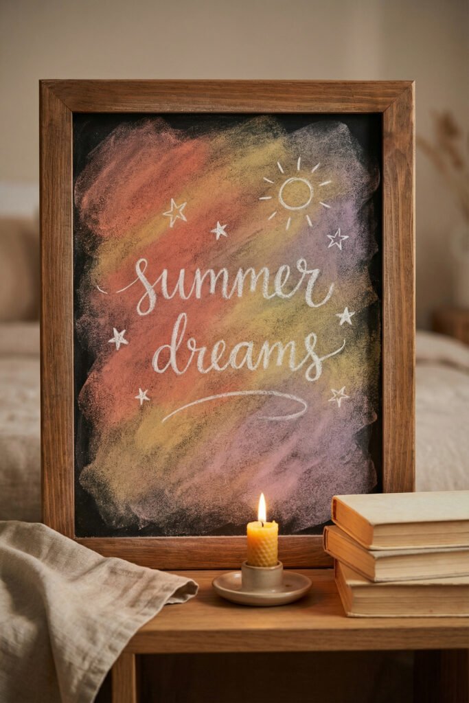 Summer Chalkboard Ideas That Brighten Every Corner 22 Small framed chalkboard reading summer dreams with pastel sunset shading, stars, and candlelight on a bedside table.