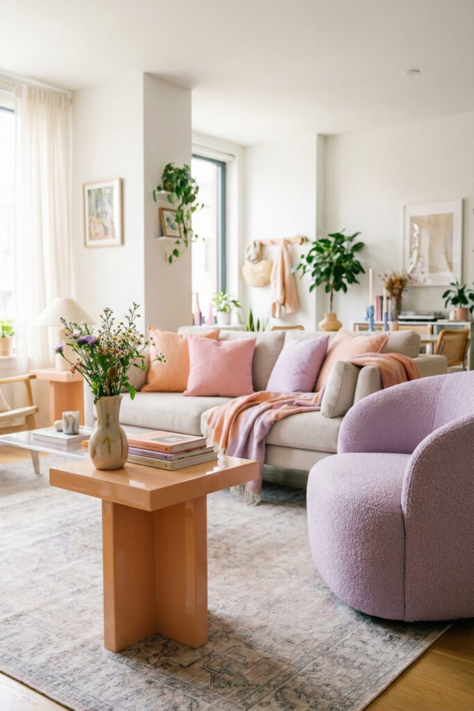 Open living room with pastel pillows, peach side table, lilac boucle chair, flowers, and airy light for playful Summer Living Room Decor.
