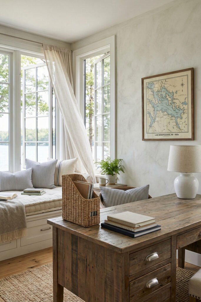 Rustic desk with woven organizer, blue striped pillows, linen curtains, and lake view for relaxed Summer Office Decor.
