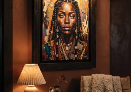 Moody Afro Art living room corner with a large framed portrait, picture light, pleated table lamp, dark wood side table, woven chair, and textured throw in warm earthy tones