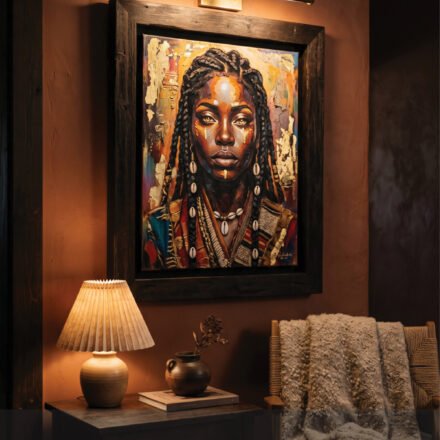 Moody Afro Art living room corner with a large framed portrait, picture light, pleated table lamp, dark wood side table, woven chair, and textured throw in warm earthy tones