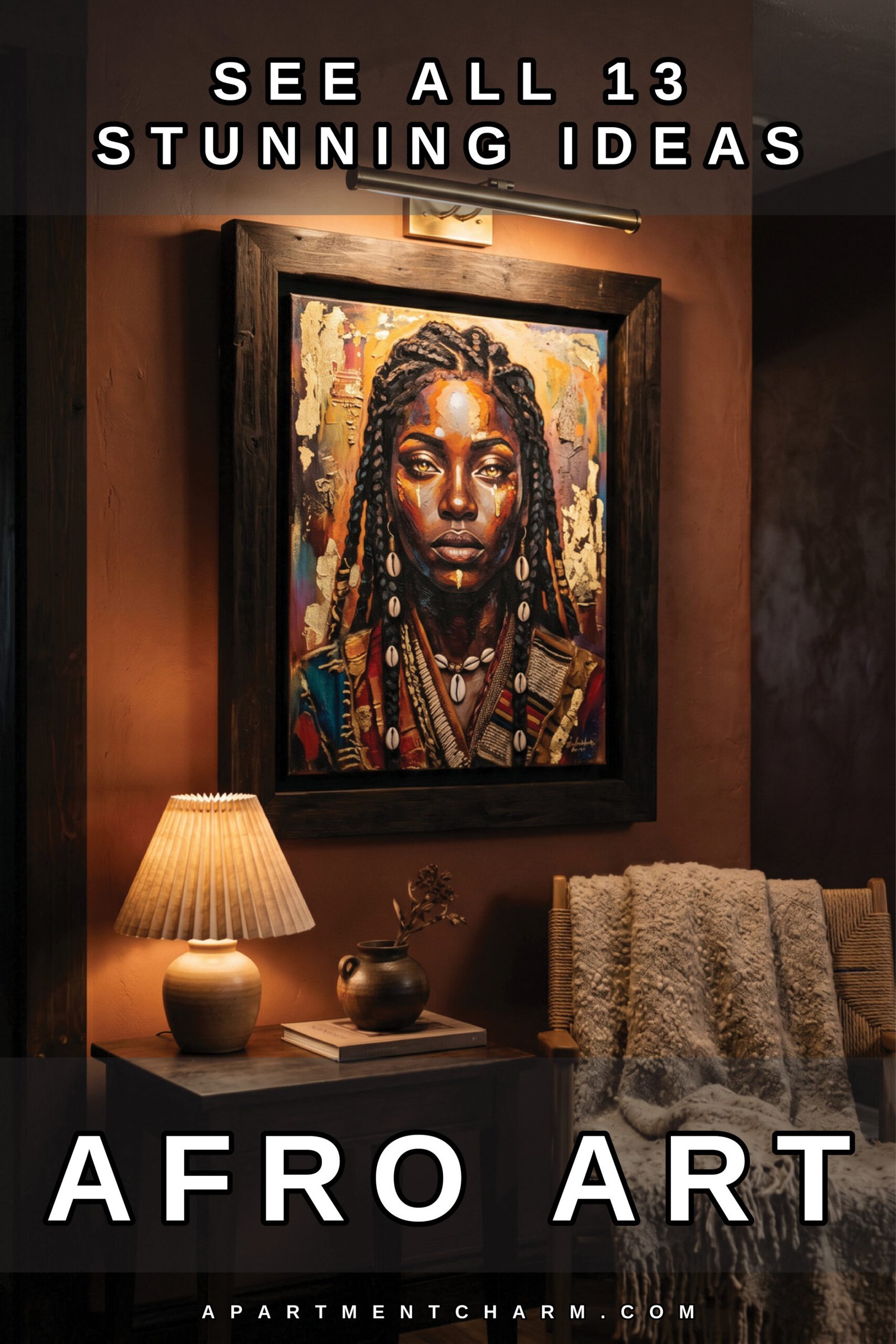 Moody Afro Art living room corner with a large framed portrait, picture light, pleated table lamp, dark wood side table, woven chair, and textured throw in warm earthy tones