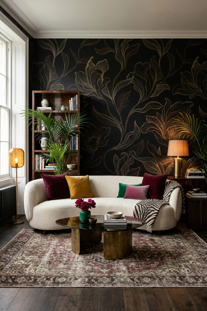 22 Black Nouveau Decor Ideas That Feel Dark, Rich, and Artful 1 Cream curved sofa with jewel-tone pillows and a zebra throw against a black botanical wall, with brass table and patterned rug.