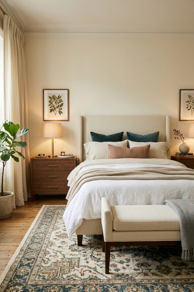 16 Cozy Bedroom Ideas for Couples to Create a Warm Shared Retreat 1 Ivory upholstered bed with teal and blush pillows, walnut nightstands, brass lamps, botanical art, cream curtains, bench, and patterned rug.