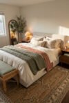 Cream upholstered bed with olive knit, rust accent, wood furniture, curved mirror, tree, lamps, and patterned rug
