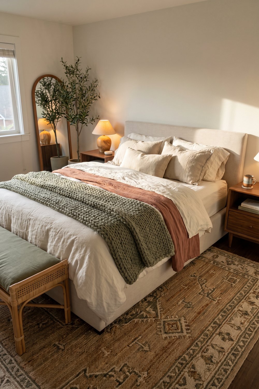 Cream upholstered bed with olive knit, rust accent, wood furniture, curved mirror, tree, lamps, and patterned rug
