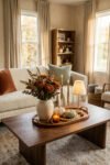 16 Fall Coffee Table Decor Ideas with Cozy, Layered Style Cream living room with a walnut coffee table holding rust mums, brass tapers, a pleated lamp, pale pumpkins, and amber glass.