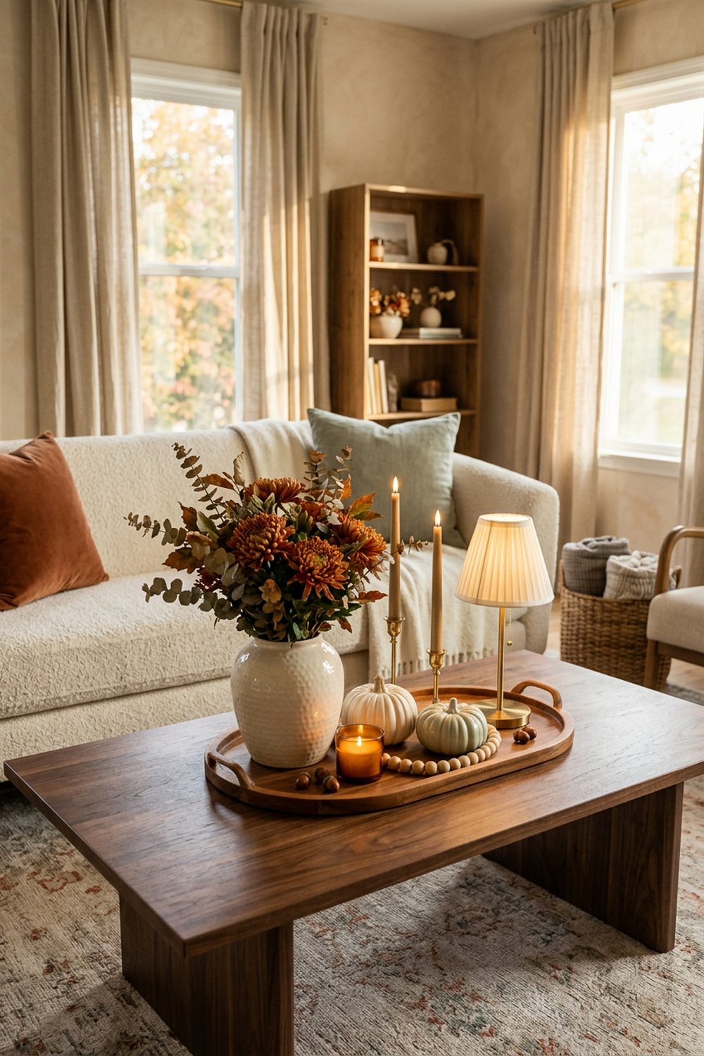 Cream living room with a walnut coffee table holding rust mums, brass tapers, a pleated lamp, pale pumpkins, and amber glass.
