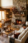 Cozy fall living room and dining area with a tall stone fireplace, pumpkins, and warm floral mantel decor.