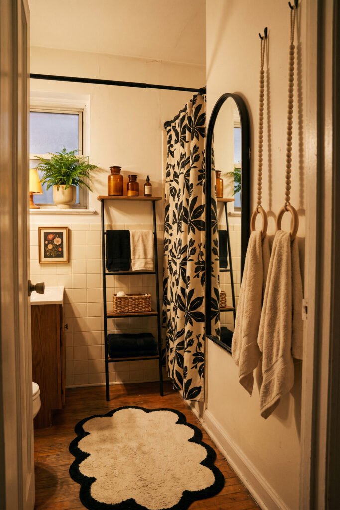 Black-and-cream bathroom with a botanical shower curtain, scalloped rug, ladder shelf, amber bottles, and beaded wooden towel rings.