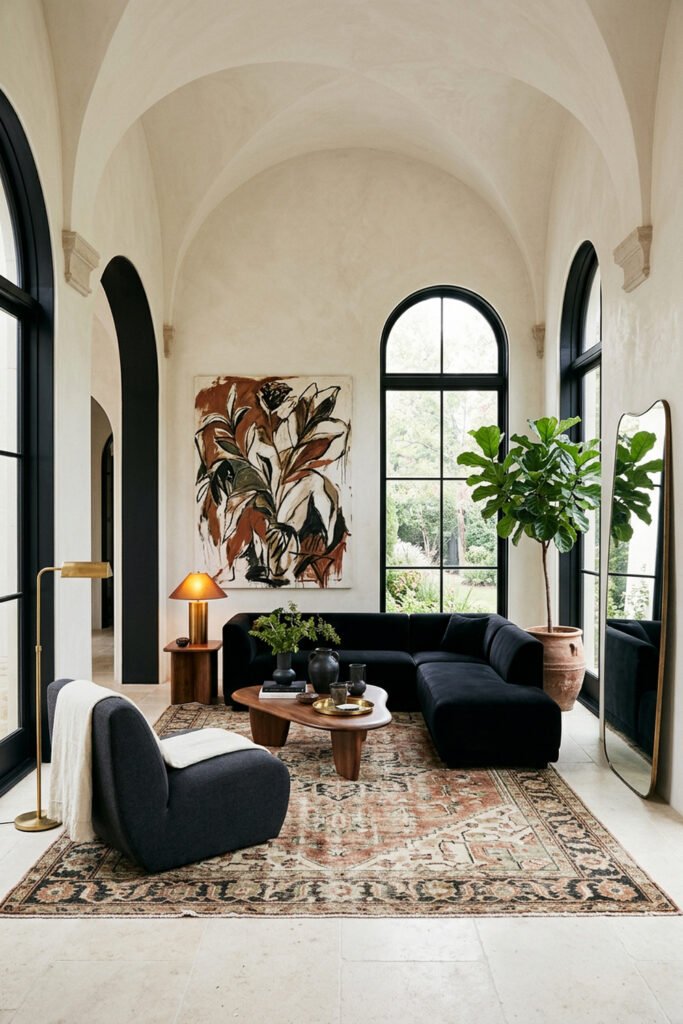 22 Black Nouveau Decor Ideas That Feel Dark, Rich, and Artful 2 Airy ivory living room with arched black windows, black sectional, abstract botanical artwork, walnut tables, greenery, and a faded rug.