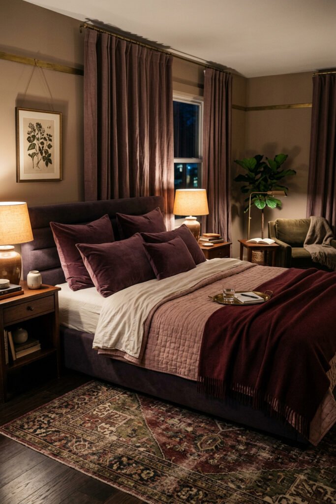 16 Cozy Bedroom Ideas for Couples to Create a Warm Shared Retreat 2 Plum upholstered bed with burgundy velvet pillows, blush quilt, wine curtains, walnut nightstands, patterned rug, and an olive reading chair.