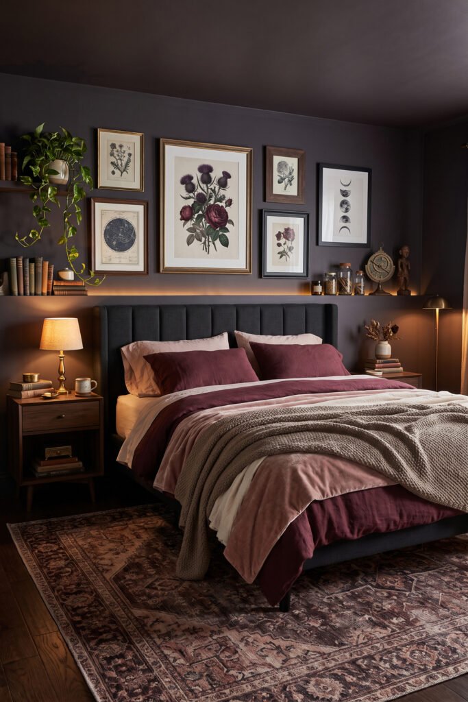 Dark charcoal bedroom with burgundy and blush bedding, botanical gallery wall, books, dark rug, plant, and warm lamps
